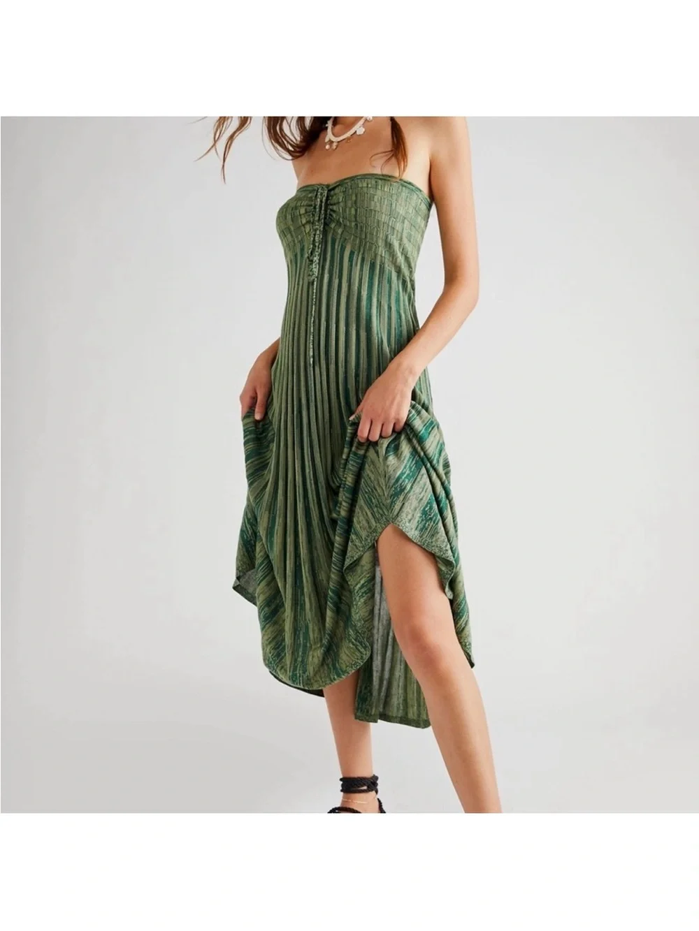Free People Green Silvia Sweater Convertible Maxi Skirt Crinkled Pleated Boho M - Picture 1 of 10